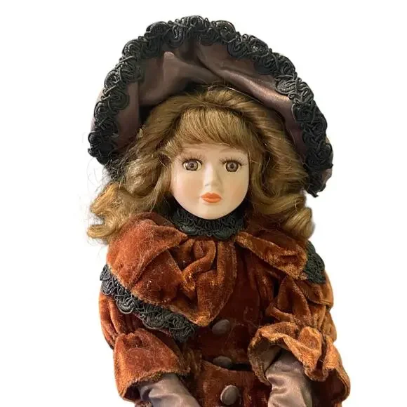 Vtg Porcelain Doll Brown Eyes Lashes Brunette Wavy Hair Shoes Umbrella Stand - Picture 5 of 13